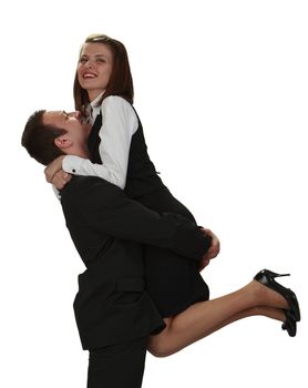 A young man and a woman hugging happily, isolated against a white background.
