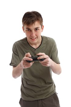 Happy teen boy playing a computer game using a wireless console.  White background,