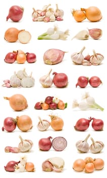 collection of ecological onions and garlic isolated on white background

 