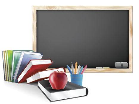 Classroom with Chalkboard Books Pens and Red Apple Illustration