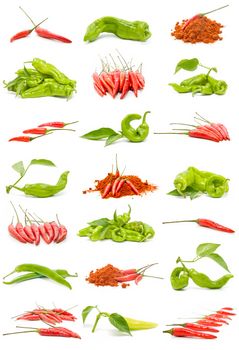collection of chillies and peppers isolated on white background
