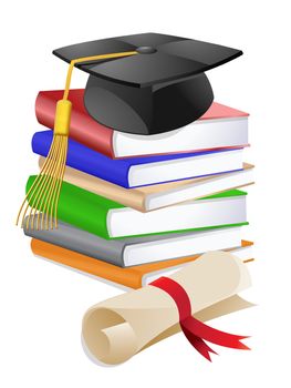 Graduation Cap on Stack of Reference Text Books with Diploma Illustration