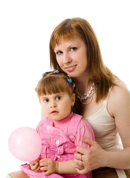 Mother and daughter posing together isolated on white