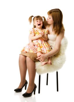 Daughter crying sitting on mother's hands isolated on white