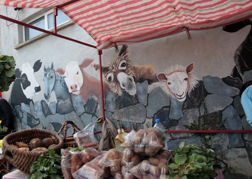 a mural at a farmers market in ireland with vegetables in the foreground