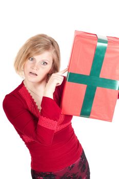 Happy woman with Christmas presents isolated on white