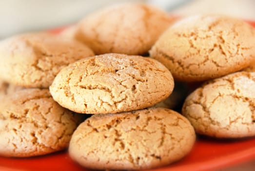 heap of fresh appetizing oatmeal cookies on red plate