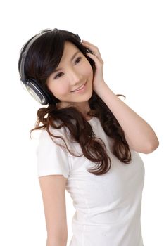 Happy smiling beauty of Asian listen music with headphone, closeup portrait over white background.