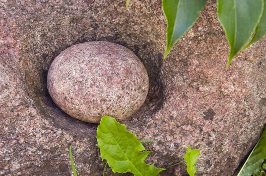 Small round stone in larger one. Old traditional tool for milling grain.