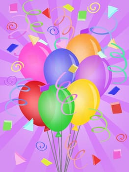 Balloons with Confetti Rays Background for Birthday Party Illustration