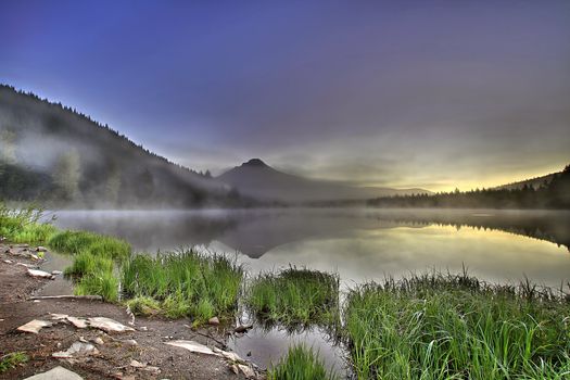 Foggy Sunrise at Trillium Lake with Mount Hood Oregon