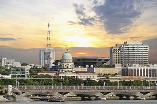 Singapore Parliament Building and Supreme Law Court by Merlion Park