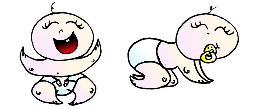 Two clip art illustration babies with diapers, one clawling and one sitting with a smile.