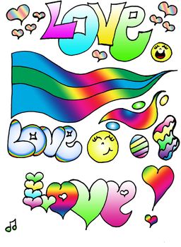Love illustrated with other fun designes in bright colors and smiley faces.