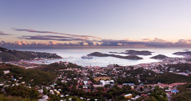 Aerial view of Charlotte Amalie Harbour in St Thomas at sunset