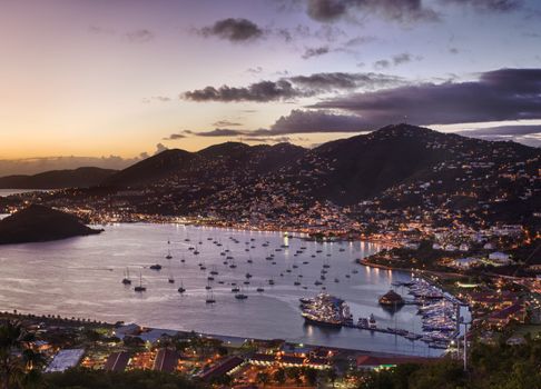 Aerial view of Charlotte Amalie Harbour in St Thomas at sunset