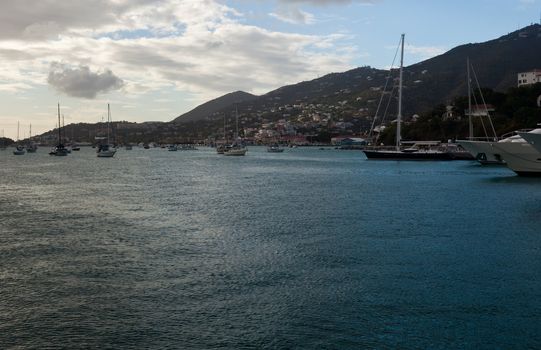 Sea level view of Charlotte Amalie Harbour in St Thomas at dusk