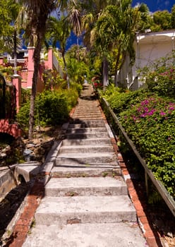 Steps up the steep hill town of Charlotte Amalie in St Thomas