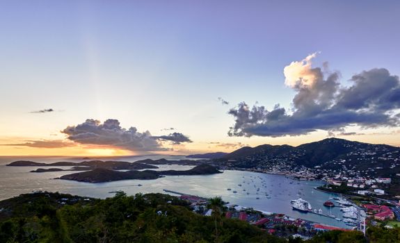 Aerial view of Charlotte Amalie Harbour in St Thomas at sunset
