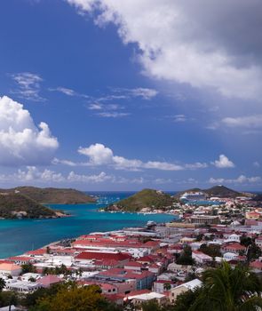 Aerial view of Charlotte Amalie Harbour in St Thomas in summer