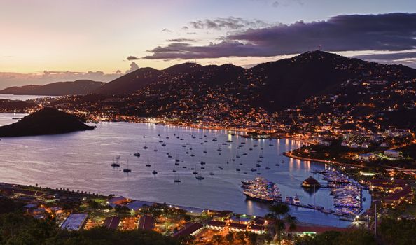 Aerial view of Charlotte Amalie Harbour in St Thomas at sunset