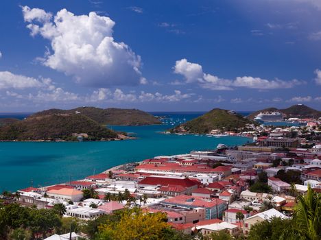 Aerial view of Charlotte Amalie Harbour in St Thomas in summer