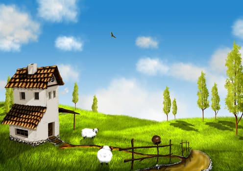 illustration, landscape with house and white sheep