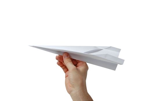 hand holding a paper plane on a white background