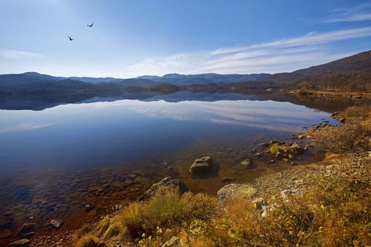 Peacefull lake, bare trees and autumn colors at Haukeli, Norway