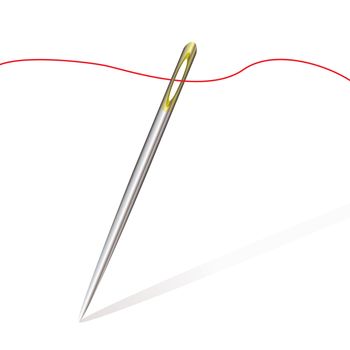 Silver sewing needle with gold top and red fine thread