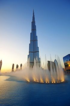 The Dubai fountain show with Burj Khalifa in the background