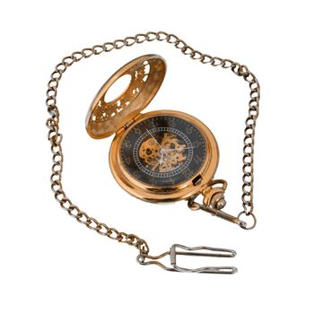 Gold pocket watch on a plain white background.