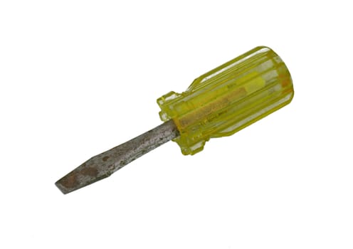 Yellow screw driver on a plain white background.