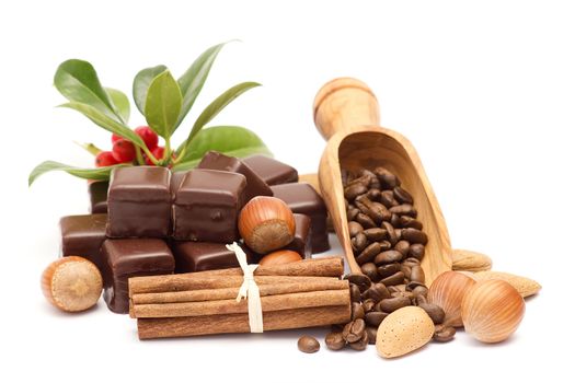 chocolate, cinnamon, hazelnuts, coffee beans