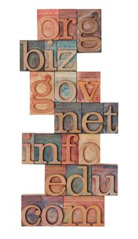 collage of popular internet domain extensions (org, biz, gov, net, info, edu, com) - vintage wooden letterpress printing blocks, stained by color inks, isolated on white