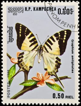 Kampuchea - circa 1986:postage stamp features a Five-bar Swordtail (Graphium antiphates) butterfly, circa 1986 in Democratic Kampuchea.