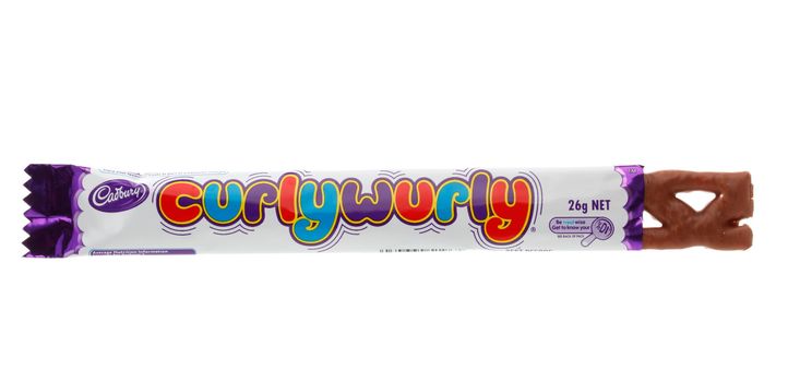 An opened  Cadbury Curly Wurly chocolate bar.  White background.