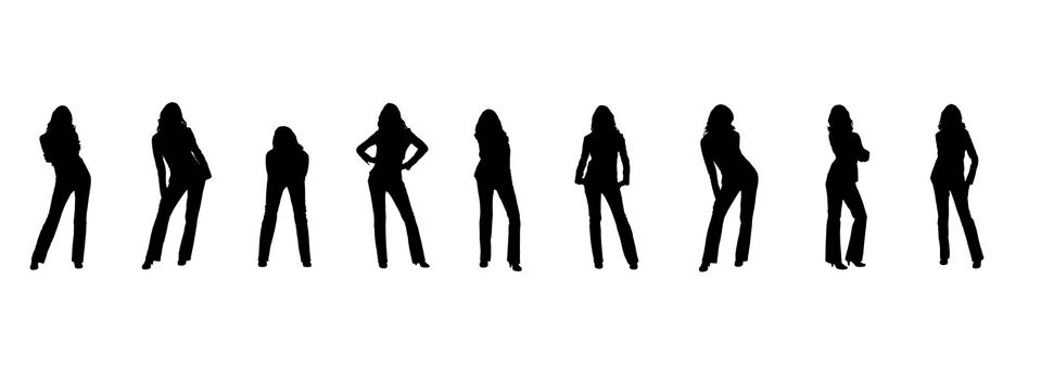 Silhouette of the woman. Various poses. Uncurl hair. It is isolated on a white background