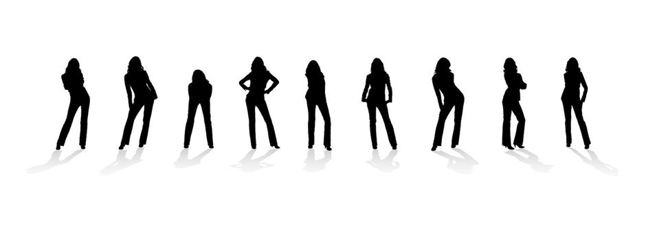 Silhouette of the woman. Various poses. Uncurl hair. It is isolated on a white background