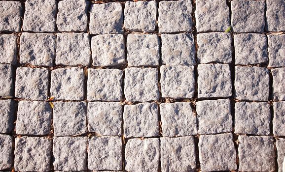 Detailed tiled cobbled pavement road surface texture close-up