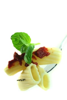 Torglione with tomato sauce and basil with a fork against a white background