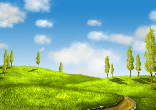 illustration, landscape with green field and trees