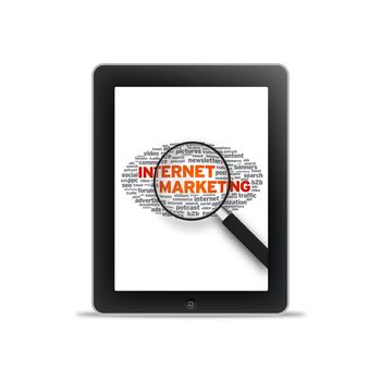 Tablet PC with Internet Marketing words on white background. 