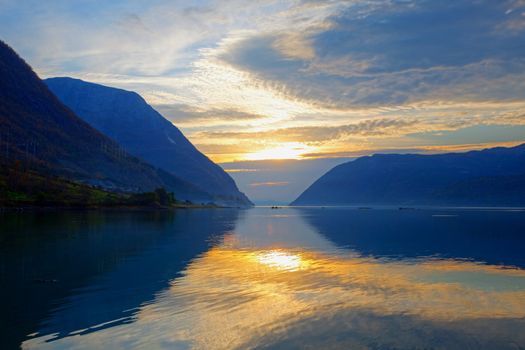 Sunset at the end of the beautiful Hardangerfjord