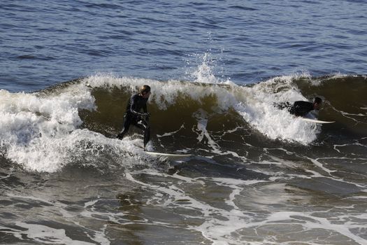 Surfers gets up on a wave. The wave twists with foam and splashes.