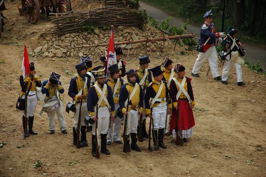 SREBRNA GORA, POLAND - JUNE 11: 1807 Napoleon's forces battle reconstruction, siege of the Srebrna Gora fortress. Duchy of Warsaw soldiers waits for battle on June 11, 2011.