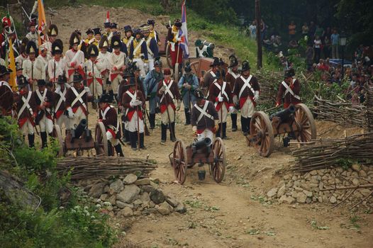 SREBRNA GORA, POLAND - JUNE 11: 1807 Napoleon's forces battle reconstruction, siege of the Srebrna Gora fortress. French army behind barricade on June 11, 2011.