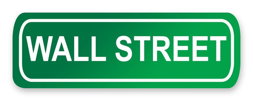 Wall Street road sign in green, New York City, America.