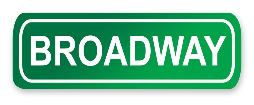 Broadway street sign; isolated on white background, New York City, America.