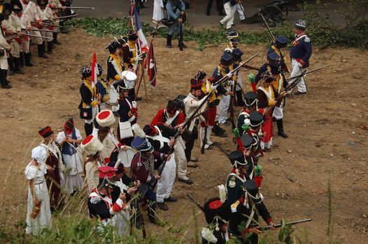 SREBRNA GORA, POLAND - JUNE 11: 1807 Napoleon's forces battle reconstruction, siege of the Srebrna Gora fortress. Mixed units supports French army on June 11, 2011.